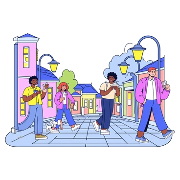 A small quaint town with cobblestone streets illuminated by vintage street lamps. Several people are strolling leisurely along the paths, engaging in conversations. One person is walking a small dog, while another is holding a cup of coffee. The buildings lining the street have a mix of pastel colors and charming architectural details. In the background, a few trees are gently swaying in the evening breeze. The warm glow of the street lamps casts soft shadows on the ground, creating a cozy atmosphere.