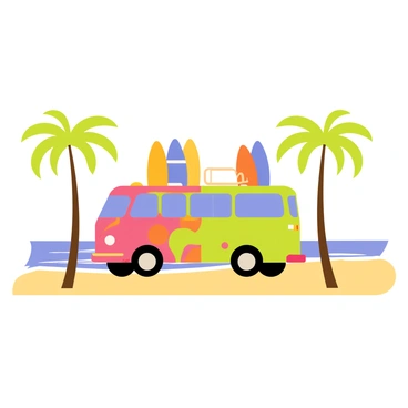 A colorful bus with surfboards secured on the roof is parked near a sandy beach. The bus has bright patterns and is positioned on a golden sandy surface. Tall green palm trees sway gently in the breeze on either side of the bus. The surfboards are various shades of blue, orange, and yellow, standing out against the vibrant colors of the bus. In the background, the ocean waves can be seen lapping at the shore, completing the beach scene.