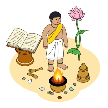 An illustration depicting the Upanayanam ceremony. In the center, a young boy with dark hair is wearing a traditional white dhoti and a yellow cloth tied across his shoulder, symbolizing his transition. Around him, there are several elements representing knowledge and spirituality. A large open book rests on a pedestal nearby, its pages filled with ancient scripts and diagrams. Above the boy, a lotus flower is depicted, signifying purity and enlightenment. Additionally, a small fire altar is shown in the foreground, with flames gently rising and offerings placed beside it. Various symbols like a conch shell and a bell are scattered around, emphasizing their importance in the ceremony. The background features soft, warm colors to create a welcoming atmosphere.