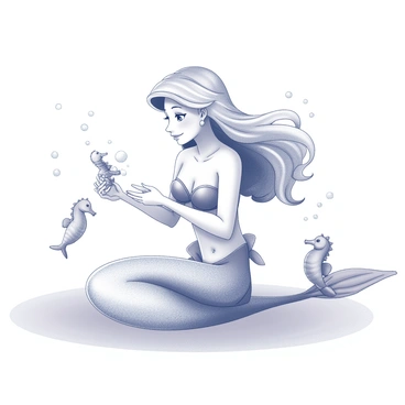 A mermaid with flowing hair sits gracefully in a serene underwater environment. She is gently cradling a tiny seahorse in her hands, displaying a tender expression. Surrounding her are additional seahorses, calmly floating in the water. The mermaid's shimmering tail is elegantly positioned, and delicate bubbles rise around her, enhancing the tranquil atmosphere of the scene.