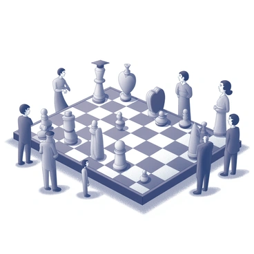 A giant chessboard set up on a grassy field, featuring oversized squares that alternate in a contrasting pattern. Each chess piece is distinctively crafted to represent various life choices, such as a knight shaped like a graduation cap, a rook resembling a briefcase, and a bishop constructed from a heart symbolizing love. The pieces are arranged in their starting positions, poised for a game. Surrounding the chessboard, there are people observing, each displaying expressions of contemplation and strategy, emphasizing the theme of decision-making in life.