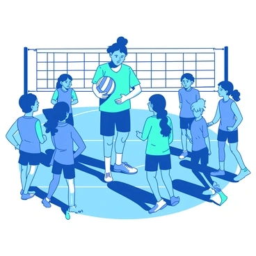 A blue volleyball player with a determined expression is demonstrating techniques to a group of enthusiastic young athletes. The player is wearing a teal jersey and shorts, standing at the net while holding a volleyball. Around the player, several young athletes are eagerly listening and mimicking the movements, showcasing a variety of colorful practice gear. The scene captures the energy and excitement of the practice session, with a volleyball court marked with white lines in the background.