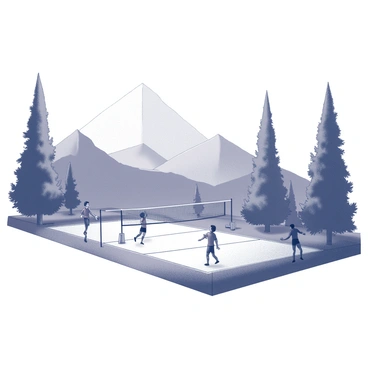 A volleyball court with a net positioned in the center. Several players are actively engaged in a match, with two players jumping to hit the ball. The remaining players are in dynamic stances, ready to receive or pass the ball. The court is bordered by lush greenery, with tall trees framing the scene. In the background, majestic mountains rise prominently against the sky, creating a stunning natural setting. The overall atmosphere reflects a vibrant sporting event taking place in an outdoor environment.