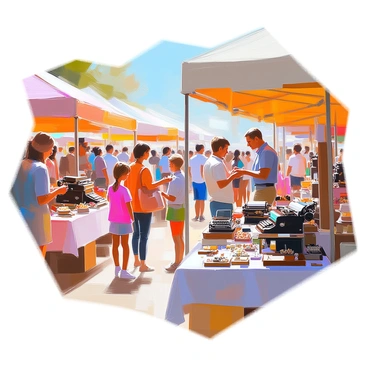A lively flea market scene filled with numerous vendors displaying a variety of antiques and collectibles. Colorful tents and tables are set up, each showcasing unique items such as vintage typewriters, old-fashioned cameras, and ornate jewelry. Customers of all ages are browsing the stalls, examining products with interest. In the background, a vendor enthusiastically talks to a group of people about a vintage clock. A woman is holding a retro handbag, while a child peeks into a box of trinkets. Bright sunlight illuminates the vibrant atmosphere, creating a sense of excitement and discovery.