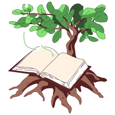An open white bible is resting on the gnarled, brown roots of a fig tree. The pages of the bible flutter slightly in the air, moved by a gentle breeze. The fig tree has lush green leaves providing shade over the bible, creating a peaceful scene. The roots of the tree are thick and textured, blending with the natural environment around them. Sunlight filters through the leaves, casting soft light patterns on the pages of the bible.