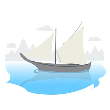 A large sail barge with a white sail, gracefully moving through thick morning fog above a calm lake. The hull of the barge is made of dark wood, and its sail is billowing outwards, capturing the soft breeze. The water is smooth with gentle ripples, reflecting the muted colors of the foggy atmosphere. Wisps of fog curl around the barge, creating a mysterious ambiance. In the background, faint silhouettes of trees rise above the mist, adding to the tranquil scene.