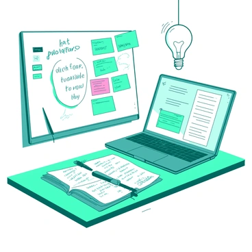 A teal workspace is filled with various materials for crafting a story. On the left, there is a large white corkboard with colorful sticky notes arranged in a brainstorming layout. In the center, an open white notebook lies on a teal desk with a pen resting across it, surrounded by scattered sheets of paper filled with handwritten notes and ideas. To the right, there is a teal laptop with a white screen displaying a document that shows text being edited. Above the desk, a white light bulb hangs, symbolizing inspiration, casting a warm glow over the creative environment.