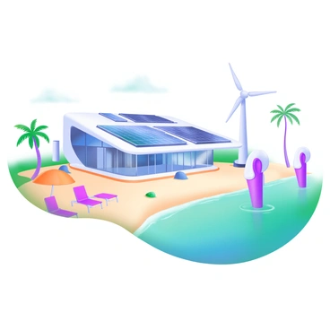 A modern pastel illustration of a futuristic beachside facility. The facility features sleek, white architectural lines with large glass windows. On the roof, there are numerous solar panels gleaming under the sun, reflecting shades of blue and green. Nearby, tidal energy generators stand tall in the water, with their elegant, curved designs creating a harmonious flow. The sandy beach stretches out before the facility, dotted with colorful beach umbrellas and lounge chairs. The ocean is a vibrant turquoise, with gentle waves lapping at the shore. In the background, palm trees sway slightly in the breeze, adding a tropical feel to the scene.