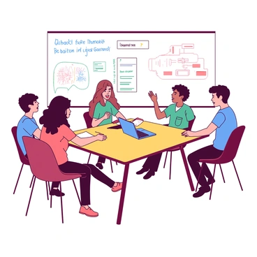 A group of five students is seated around a rectangular table in a brightly lit room. Each student is actively engaged in the discussion, with some leaning forward and others taking notes. The students consist of two girls and three boys, each displaying different hairstyles and clothing styles. One girl with long brown hair is presenting her ideas, while a boy with short black hair gestures animatedly. A large whiteboard in the background displays brainstorming notes and charts about school policies. The atmosphere is focused and collaborative, with papers, pens, and laptops scattered across the table.