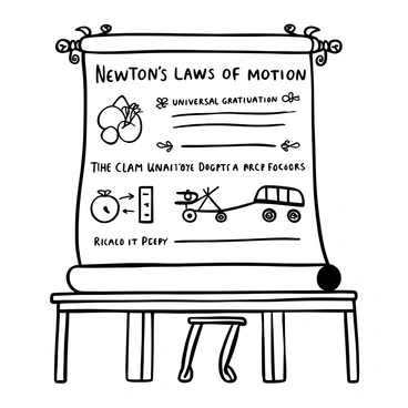 A large scroll unfurled on a wooden table, featuring intricate illustrations related to "Newton's laws of motion." Each law is represented with accompanying detailed sketches for clarity. The first section contains a depiction of an apple falling from a tree, symbolizing the law of universal gravitation. The second section illustrates a cart being pushed, showcasing the relationship between force and motion. The third section displays a series of arrows representing action and reaction forces. Ornate borders frame the scroll, enhancing its scholarly appearance.