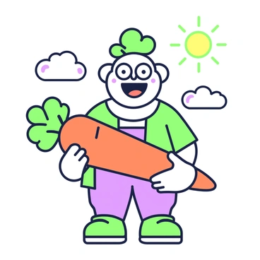 A cheerful cartoon character stands with a vibrant expression, holding a large cartoon-style carrot in both hands. The character has exaggerated features, such as large round eyes and a wide smile. The carrot is oversized, with a plump orange body and leafy green tops. The character wears a colorful outfit that adds to the playful nature of the scene, and their pose conveys excitement. The background includes playful elements, like stylized clouds and a bright sun, enhancing the cheerful atmosphere.