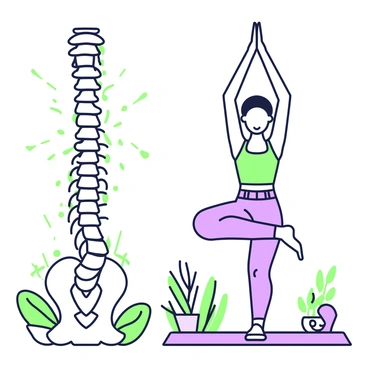 An articulated vertebral column is positioned prominently on the left side of the image, showcasing its detailed structure with distinct vertebrae. On the right side, there is a person practicing yoga in an upright position. The person is wearing form-fitting athletic clothing and is performing a pose with their arms raised. The surrounding environment includes elements such as green plants and a soft mat underneath. There are light rays filtering through, creating a tranquil atmosphere. A sense of balance and harmony is conveyed in the overall composition.