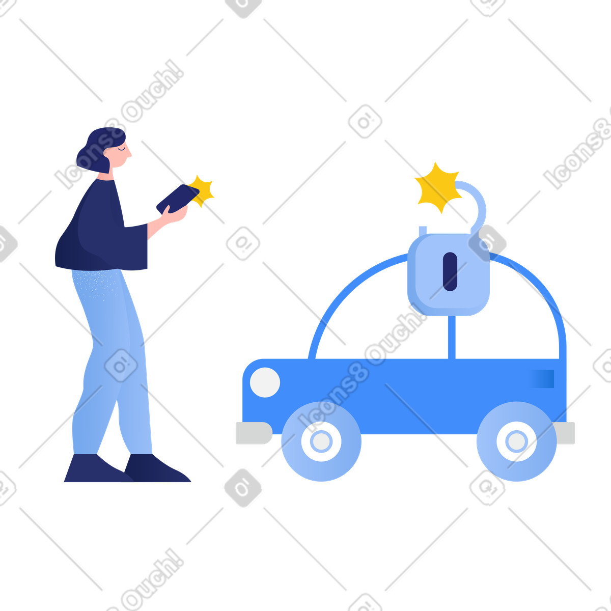 Ilustración Mujer desbloqueando su coche con un mando a distancia en estilo Clip descargar en PNG y SVG