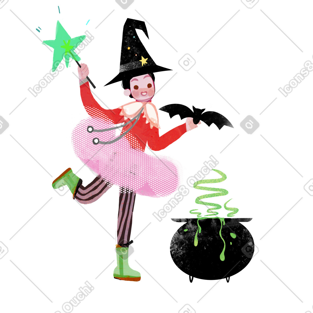 Girl in halloween witch clothes with bat and potion pot illustration Fabulous style download PNG, SVG