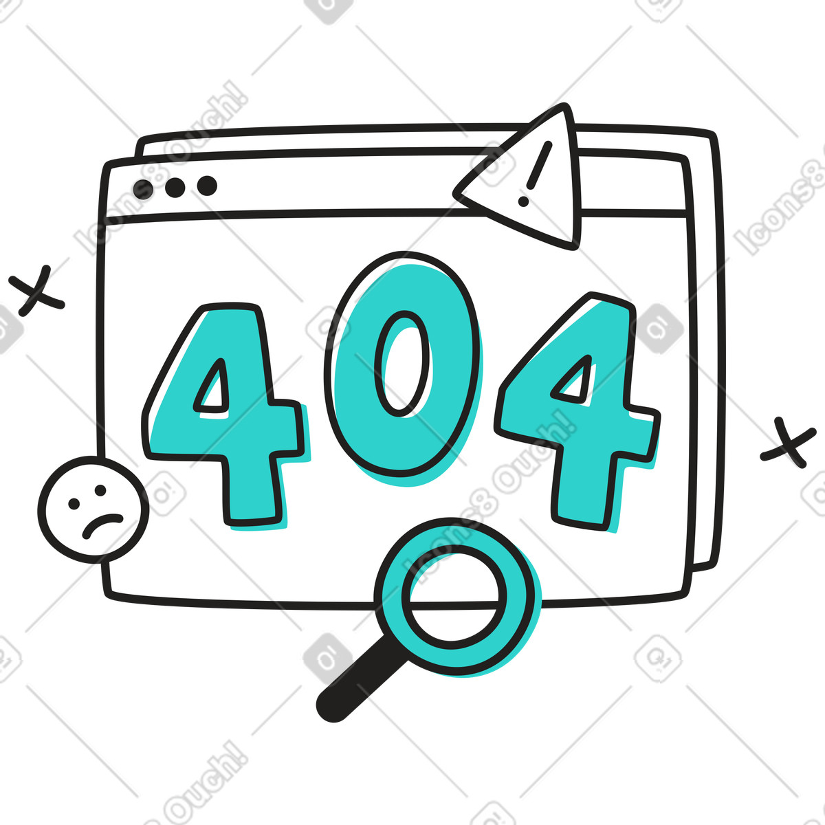 Ilustración Página de error 404 no encontrada con ventanas del navegador y lupa en estilo Little a descargar en PNG SVG