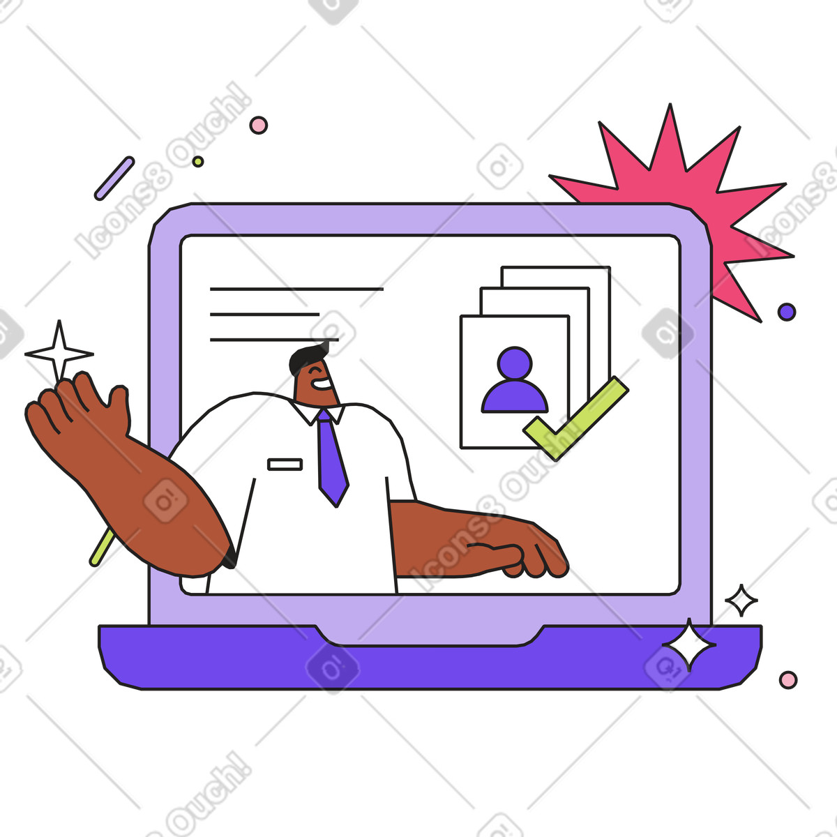 Hiring manager reviewing resumes on laptop, Digital talent acquisition or online recruitment illustration in Dazzle style download in PNG, SVG