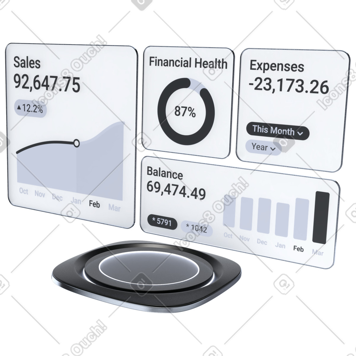 Business analytics dashboard, Sales performance metrics, Financial reporting interface illustration in 3D Pro style download in PNG, SVG