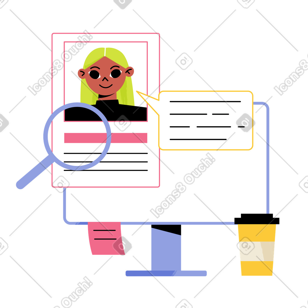Resume under magnifying glass on computer screen, Digital recruitment and candidate search illustration in Juicy style download in PNG, SVG