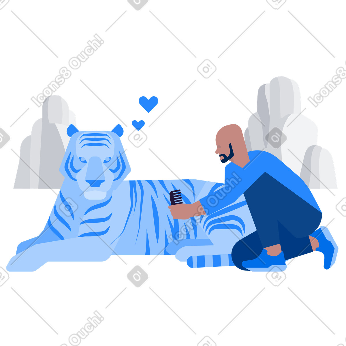 Person gently grooming tiger with comb, animal care and trust bonding illustration in Urban style download in PNG, SVG
