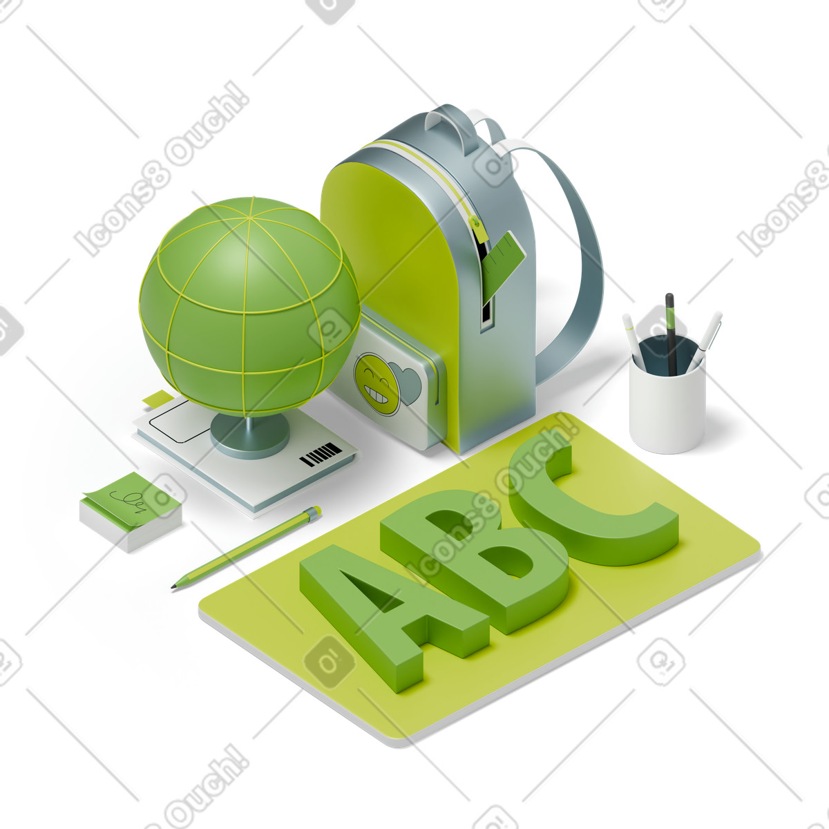 Lettering abc con zaino globo e matite testo illustrazione in stile 3D Isometric scarica in PNG, SVG
