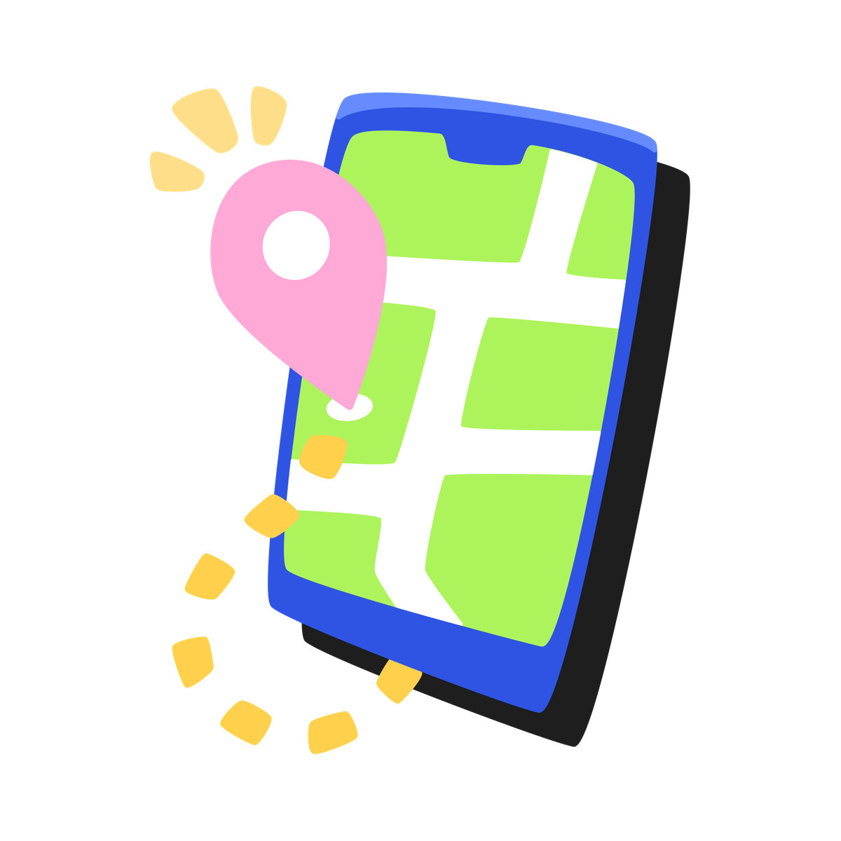 Phone with the location icon on map and route to it-Illustration im Bouncy-Stil als Download in PNG, SVG