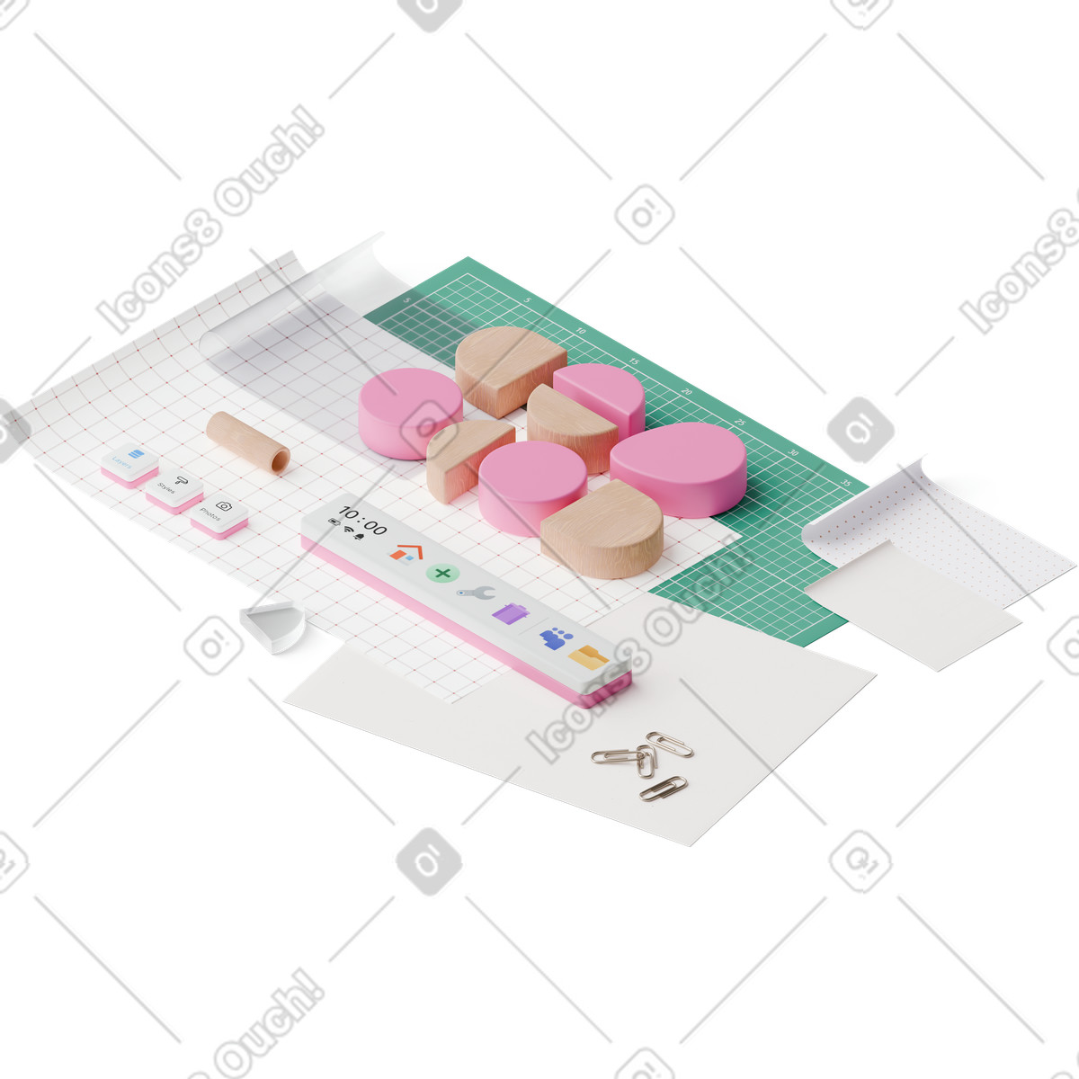 Isometric view of papers, program buttons, and geometric shapes illustration in 3D Hygge style download in PNG, SVG