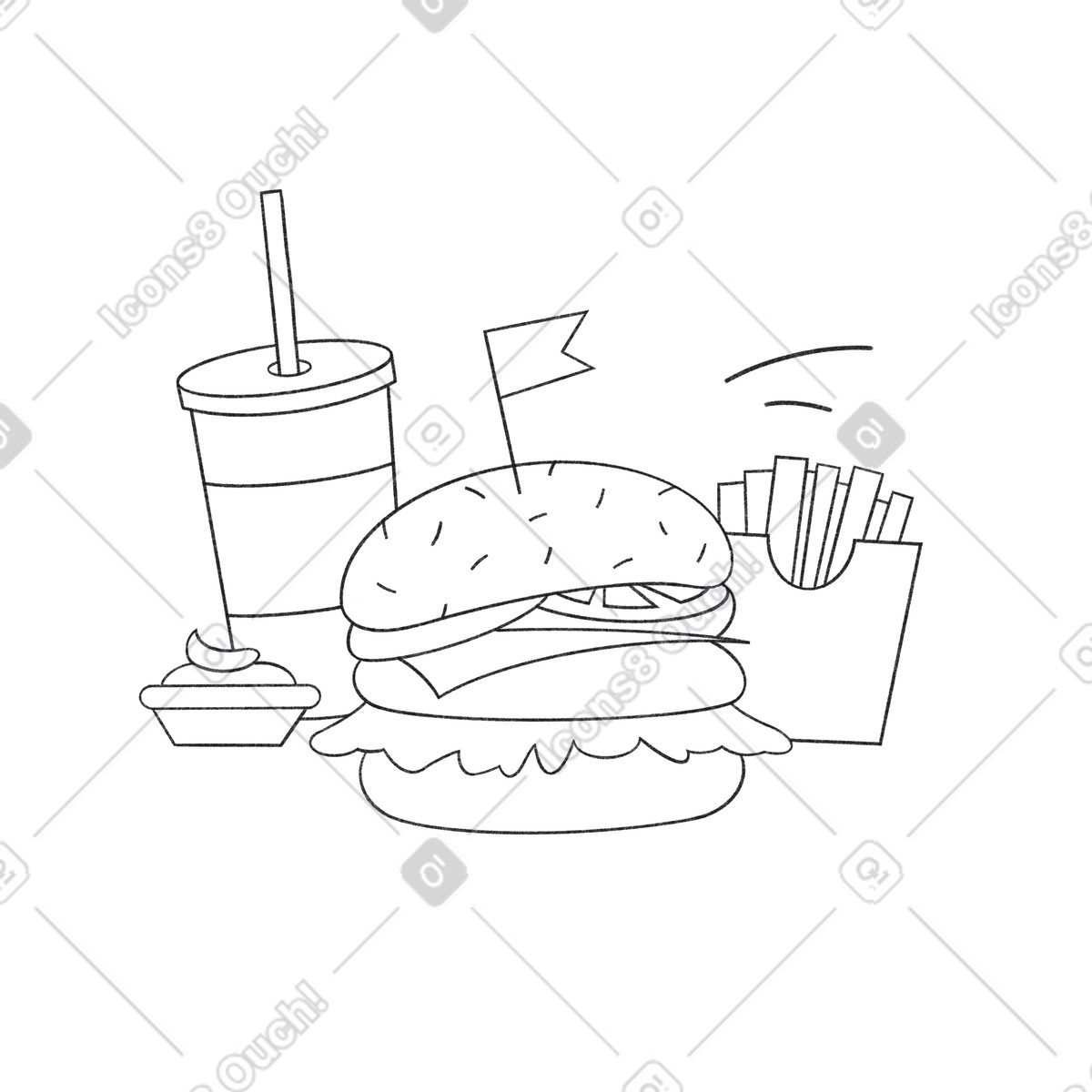 Illustration Fast food combo set with fries, burger, sauce and soda dans le style Bonbon Line à télécharger aux formats PNG, SVG
