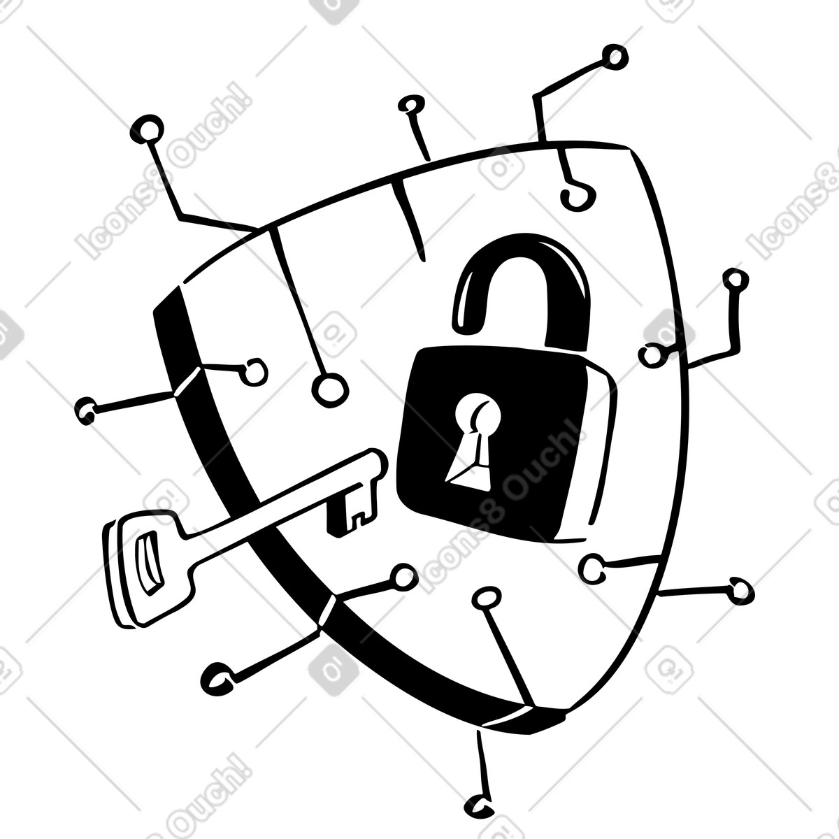 Illustration Bouclier numérique protégeant les données et réseaux en ligne dans le style Line à télécharger aux formats PNG, SVG