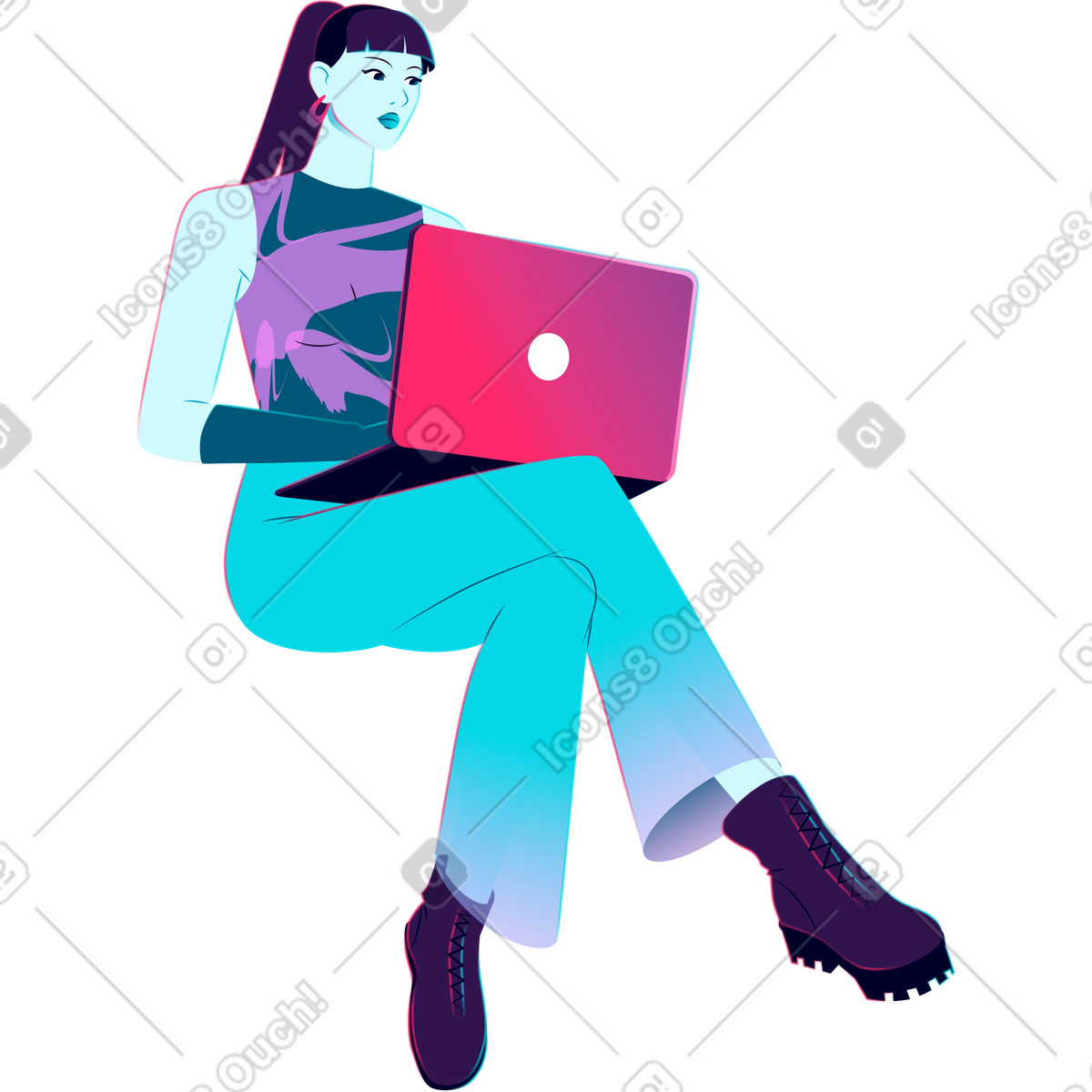 Illustration Jeune femme assise avec un ordinateur portable dans le style Neon à télécharger aux formats PNG, SVG