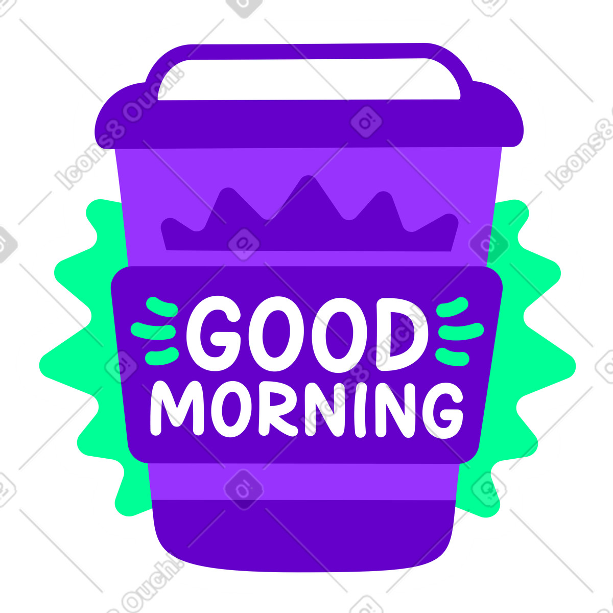 Schriftzug aufkleber guten morgen kaffeetasse zum mitnehmen gr&uuml;n violetter text-Illustration im Lettering-Stil als Download in PNG, SVG