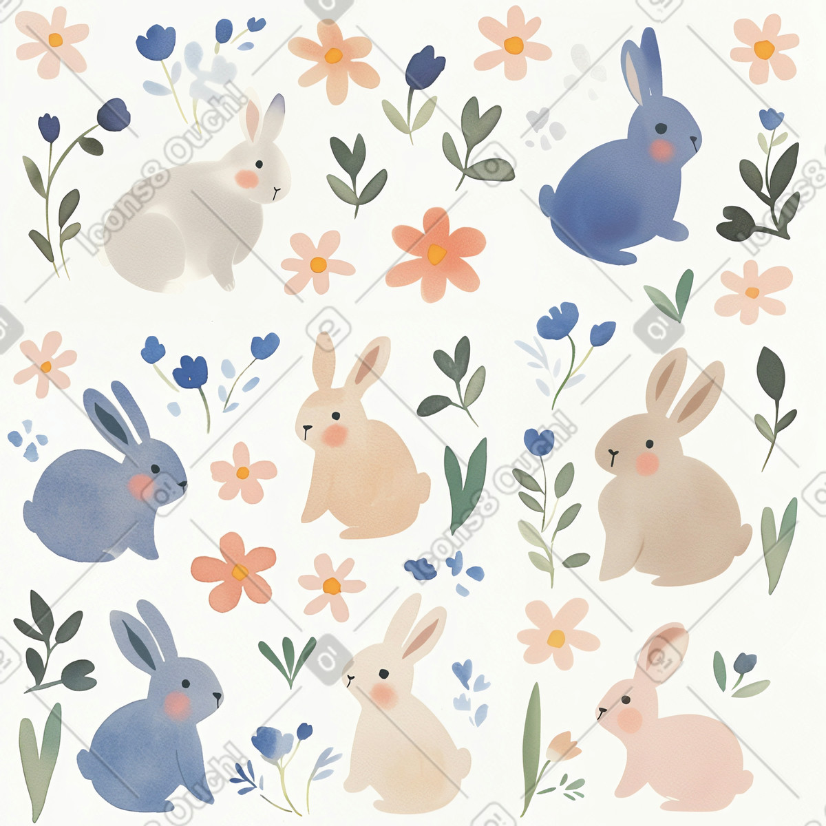 Easter pattern with flowers and bunnies illustration in Postcards style download in PNG, SVG