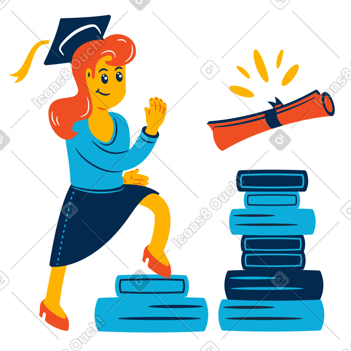 Flame スタイルの Graduating student climbing books to get degree scroll, Academic success motivation のイラストをPNG、SVG形式でダウンロード