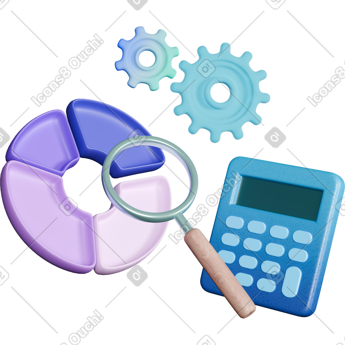 3D Business スタイルの Calculator magnifying glass and pie chart for financial data analysis のイラストをPNG、SVG形式でダウンロード