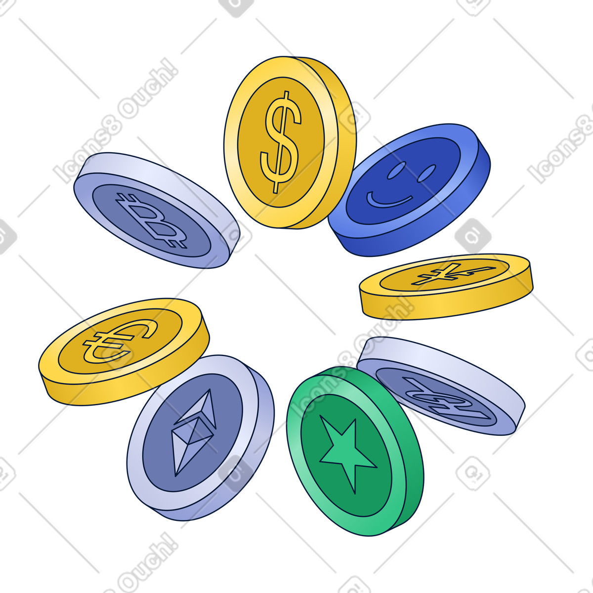 Various crypto and fiat coins, Currency diversity, Investment options illustration in PNG, SVG