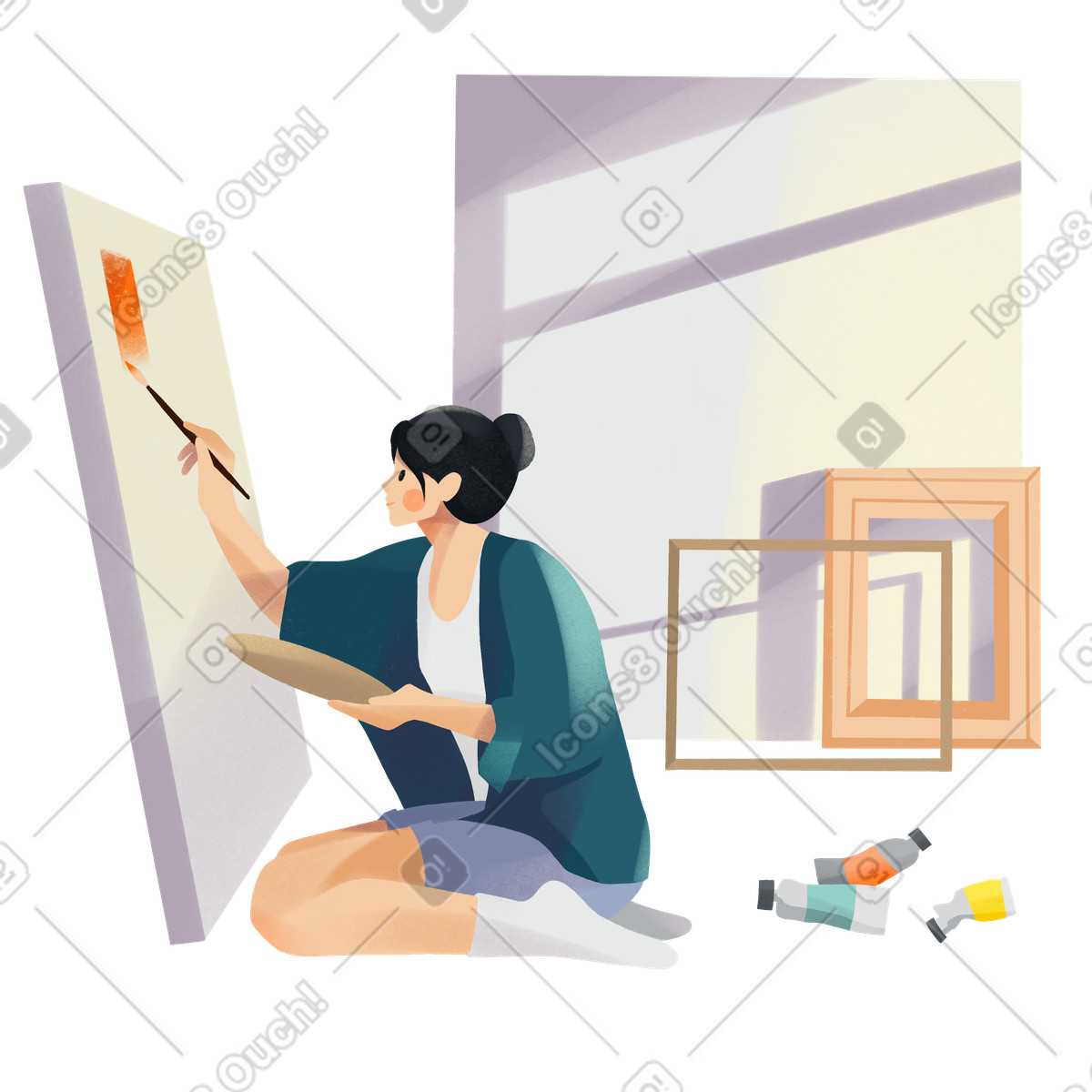Ilustração animada de Mulher jovem pintando em tela em GIF, Lottie (JSON), AE