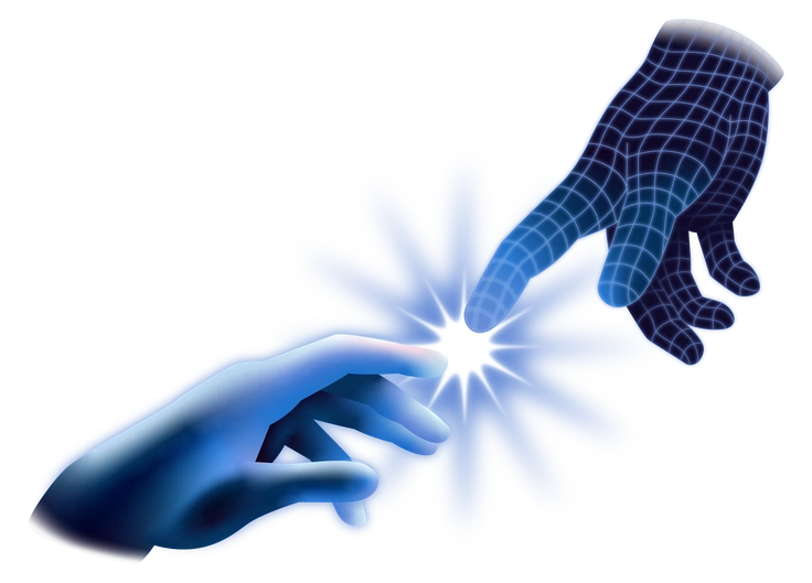 A human hand and a digital hand reaching - Dimension style illustration