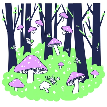 A dense forest with tall, slender trees that form a canopy overhead. The ground is covered with lush green foliage, with clusters of glowing mushrooms scattered throughout, illuminating the surroundings with a soft light. Small fairies are visible flitting between the trees, each fairy with delicate wings. Some of the fairies are perched on the mushrooms, while others hover in the air. The atmosphere is filled with a sense of wonder as the fairies interact playfully amidst the glowing fungi.