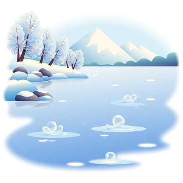 A frozen lake surface is depicted, glistening under the sunlight. The ice has a smooth, reflective texture with various patches where the ice is sublimating, creating ethereal transparent vapors that rise gently into the air. The surrounding shoreline is lined with frosted trees, their branches covered in a delicate layer of snow. A few scattered rocks are visible on the edge of the lake, partially covered by the snow. In the distance, a set of snow-capped mountains can be seen, contrasting with the blue sky above. The scene captures the stillness of winter, with a hint of movement from the rising vapors.
