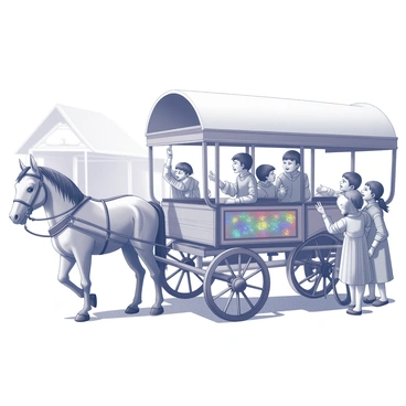 A group of children is gathered around a horse-drawn cart. The cart is made of wood, featuring large wheels and a canopy, with colorful decorations adorning its sides. The horse, a strong-looking beast, is harnessed to the front of the cart. The children, wearing medieval-style clothing, are engaged in various activities; some are reaching towards the cart, while others are laughing and chatting amongst themselves. The setting is a bustling medieval village festival, with stalls nearby displaying goods, and villagers can be seen in the background, adding to the vibrant atmosphere of the scene.