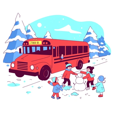 A red school bus is driving down a snow-covered road. The bus has large, round headlights and vibrant yellow school markings on the sides. Snowflakes are gently falling around the bus, creating a winter wonderland effect. In the foreground, a group of children are playing in the snow. They are building a snowman and throwing snowballs at each other, dressed in colorful winter jackets and hats. The background features snow-laden trees lining the road, enhancing the wintry scene.