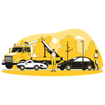 A tow truck with a bright yellow body and black accents is parked on the side of the road. The truck is equipped with a prominent winch and a flatbed, ready to assist. In the foreground, two stranded vehicles are positioned close to each other, one with a crumpled front end and the other with a flat tire. The drivers, a man and a woman, stand beside their cars looking relieved as they watch the tow truck approach. The scene is set against a backdrop of trees lining the roadside, creating a sense of urgency as the sun sets in the background.