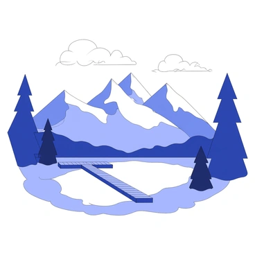 A vintage-style travel poster features a scenic mountain range in the background. The mountains are tall and rugged, with sharp peaks and rolling slopes. In the foreground, there is a tranquil lake that reflects the mountain silhouette. Along the lake's edge, a simple wooden dock stretches out into the water. A few pine trees are scattered around, providing a natural framing for the scene. Above the mountains, the sky is expansive, showcasing fluffy clouds drifting through. There is a distinct sense of adventure and exploration in the atmosphere of the poster.