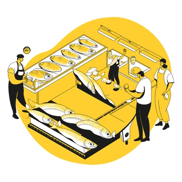 A conveyor belt system in a fish market, transporting fish from one area to another. The conveyor belt is made of metal and features a series of rollers. Fish of various sizes, including whole salmon and smaller fish, are placed neatly on the belt. Workers in aprons stand alongside the conveyor, attentively checking the quality of the fish. The surrounding area includes display cases filled with ice and fresh fish. Overhead, fluorescent lights illuminate the bustling atmosphere of the market.