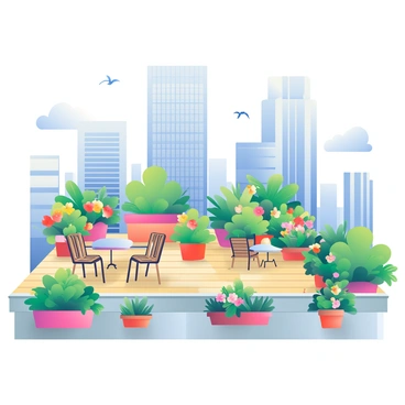 A lush rooftop garden filled with a variety of vibrant green plants and flowers is situated atop a high building. In the foreground, a wooden deck features potted plants, including colorful blooming flowers and leafy shrubs. There are comfortable seating areas with wicker chairs and small tables scattered throughout the garden. In the background, tall skyscrapers tower against the sky, their glass facades reflecting the sunlight. A few birds can be seen flying above, and a gentle breeze rustles the leaves of the plants.