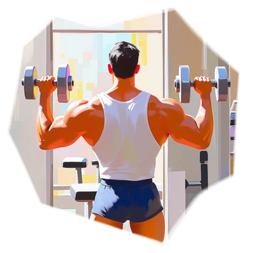 A muscular bodybuilder with tanned skin is performing hammer curls in a gym setting. He has short, dark hair and is wearing a sleeveless, vintage-style tank top. His arms are flexed, showcasing bulging biceps as he lifts a pair of old-fashioned dumbbells with a wooden handle. The background features classic gym equipment, including a bench press and a mirror reflecting the bodybuilder's focused expression. Sunlight filters through a large window, casting a warm glow over the scene.
