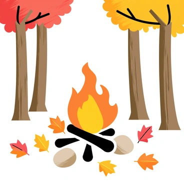 A campfire with vibrant orange and yellow flames is centered in the image. It is surrounded by a circle of colorful autumn leaves in shades of red, orange, and brown scattered across the ground. Tall trees with golden and crimson foliage form a backdrop, their trunks sturdy and textured. Sunlight filters through the branches, casting gentle light on the scene. A couple of smooth stones are placed around the campfire, enhancing the rustic feel of the peaceful forest setting.