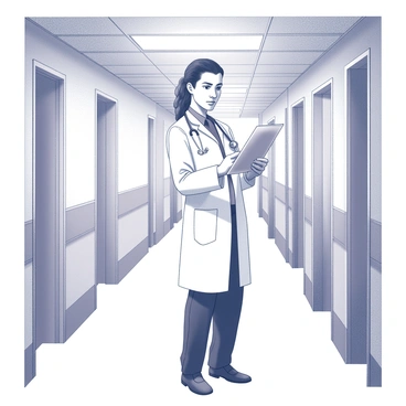 A doctor stands in a hospital corridor, focused on reading a patient's medical chart. The doctor is wearing a white lab coat, with a stethoscope draped around their neck. The chart is held in one hand while the other hand is pressed against the wall for support. The corridor is lined with fluorescent lights above and features patient rooms on either side, with closed doors. A slight reflection of overhead light glimmers on the polished floor. The doctor's expression is serious, showing concentration and care as they examine the details in the chart.