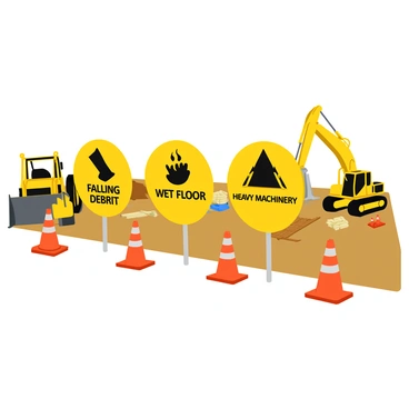 A series of bright yellow caution signs placed prominently in a construction zone. Each sign features bold black symbols indicating different hazards, such as "Falling Debris," "Wet Floor," and "Heavy Machinery." The signs are arranged in a staggered formation, and they stand on sturdy metal posts. In the background, construction equipment like a bulldozer and a crane is visible, with scattered construction materials like wooden planks and metal beams. The ground is covered with orange safety cones and reflective tape, adding to the vibrant look of the scene.