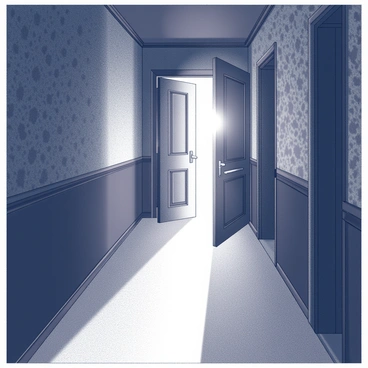A dark hallway stretches into the distance, lined with faded wallpaper and shadows creeping along the walls. A cracked door is positioned at the end of the hallway, slightly ajar. A bright, glowing light emanates from the gap between the door and the frame, casting elongated shadows on the floor. The light appears to flicker, hinting at an unseen source within the room beyond. The atmosphere is filled with an air of suspense, with the texture of the door contrasting against the smooth, dark surfaces of the hallway.