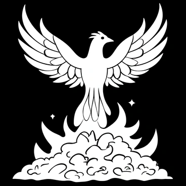 A majestic phoenix depicted in the midst of rising from a pile of ashes, with large, intricately detailed wings spread wide. Flames encircle the body, appearing dynamic and swirling in various shapes around the phoenix. The ashes are scattered at the base, with some still glowing faintly, creating a stark contrast with the surrounding darkness. The scene captures the powerful motion of the phoenix as it ascends, with the feathers appearing intricately patterned and flowing gracefully in the air.